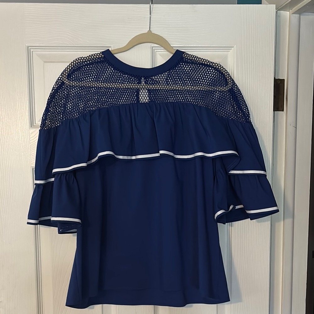 Belle Sky Blue Ruffled Blouse with Mesh Yoke and Flutter Sleeves